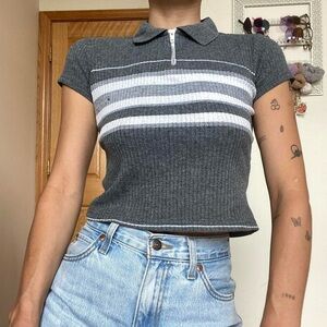 Vintage Striped Polo Collar Top